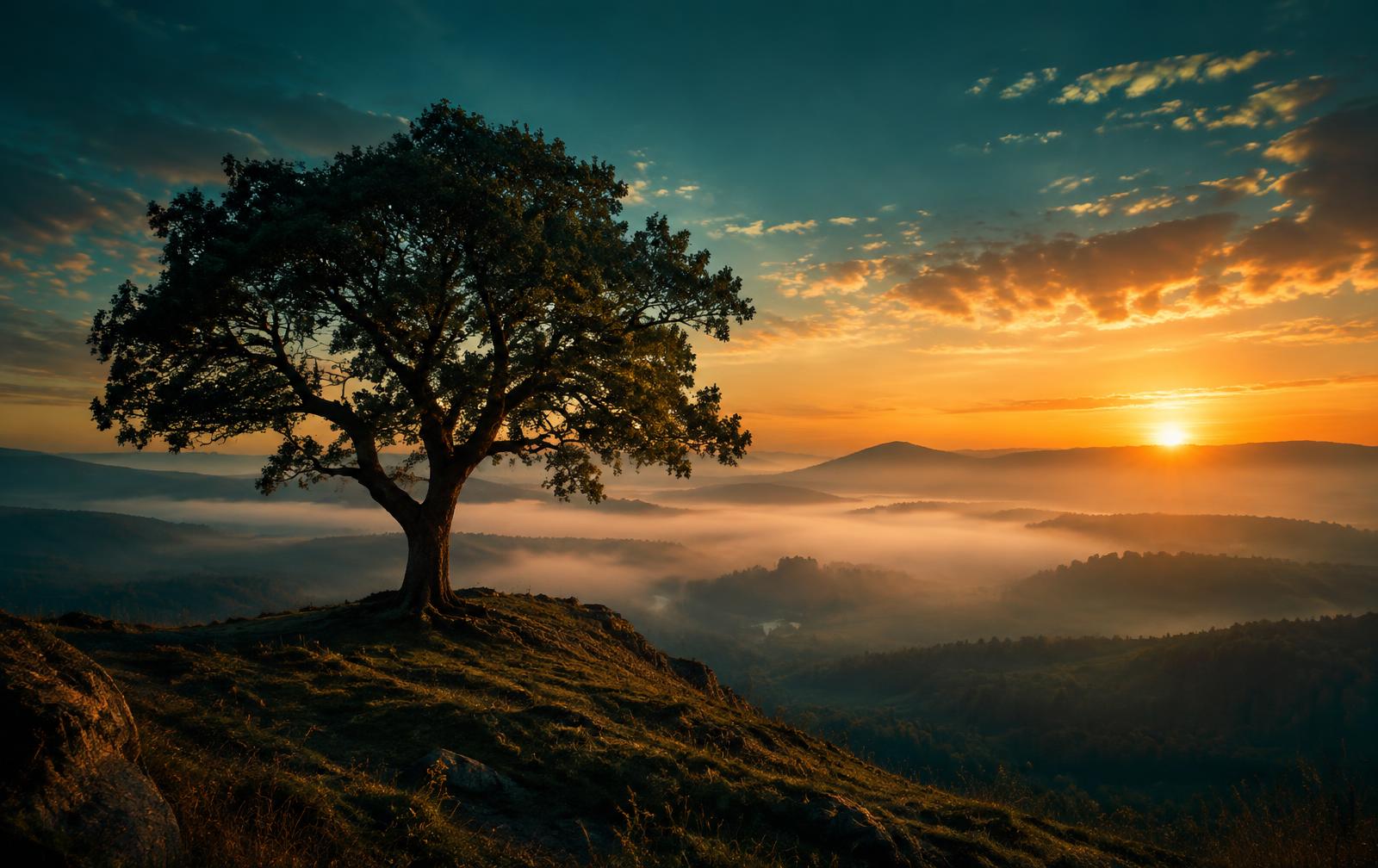 Eenzame boom op een heuvel bij zonsopkomst